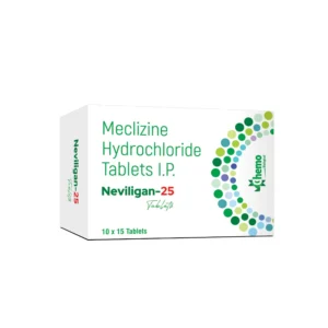 Neviligan-25 Tablets contain Meclizine Hydrochloride and are manufactured under stringent pharmaceutical standards for reliable healthcare support.
