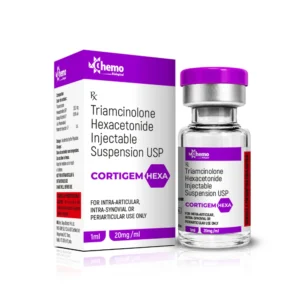 Cortigem Hexa Injection contains Triamcinolone Hexacetonide USP 20 mg/ml and is formulated for intra-articular, intra-synovial and periarticular administration.